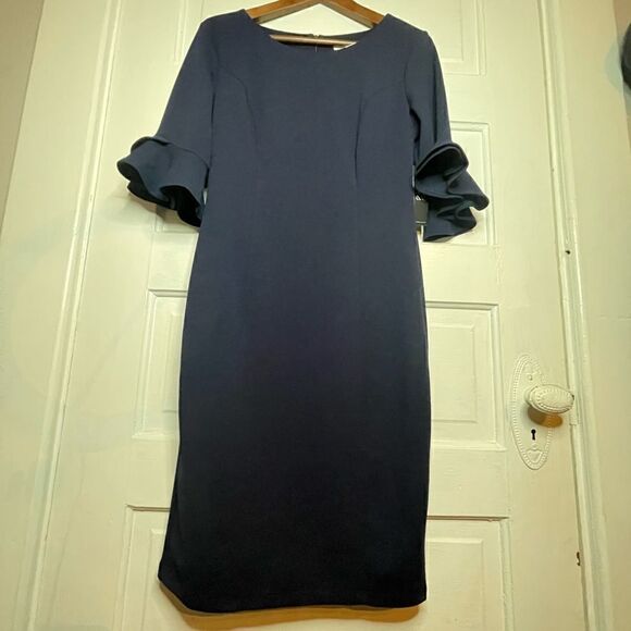 NWTs NY&C Navy Classy Ballerina Length Flutter Sleeve Dress Size Small - Picture 2 of 12